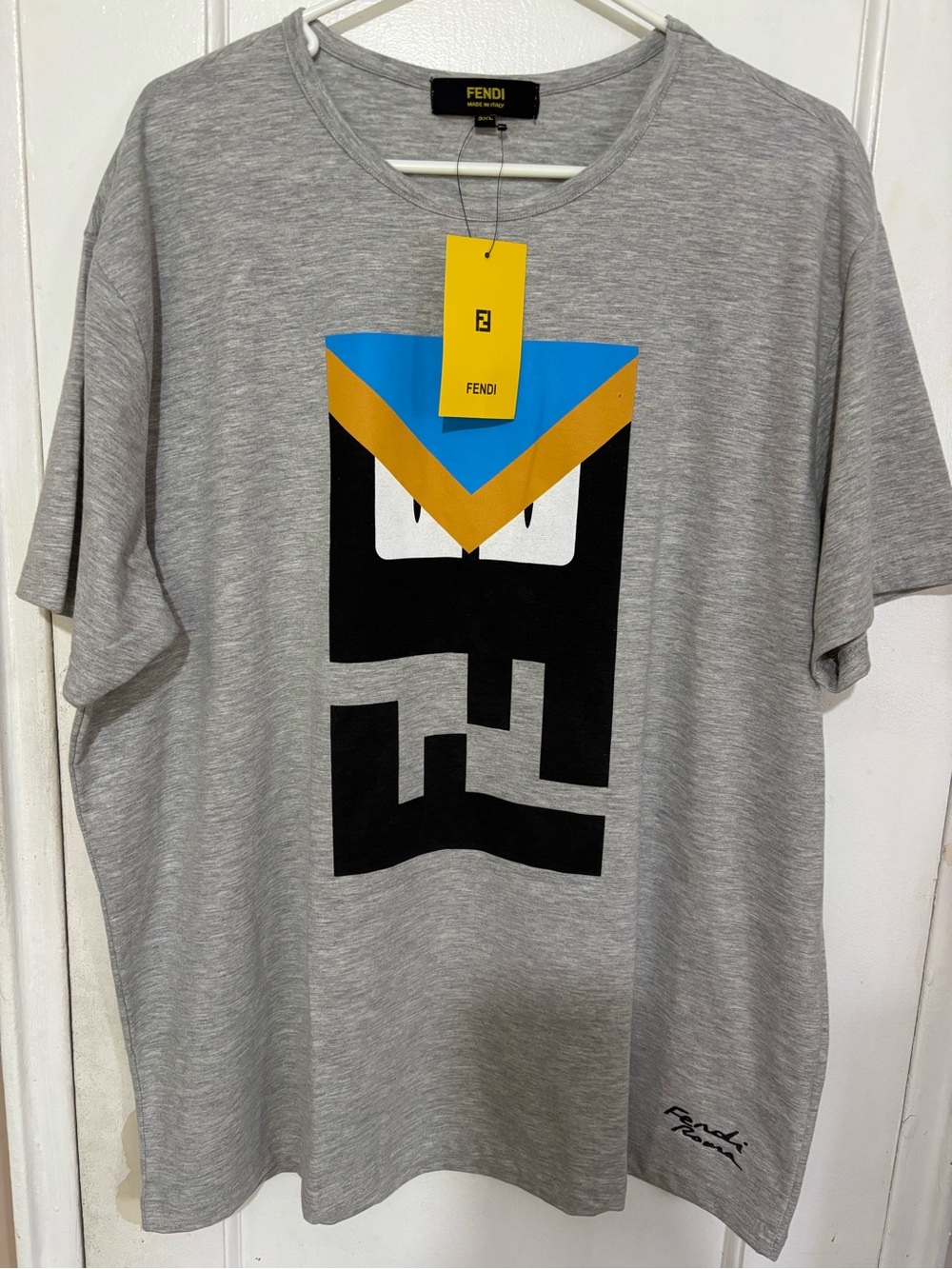 Fendi Grey Short-Sleeve T-Shirt with Matching Hat Black, Blue & Gold Graphic Lot